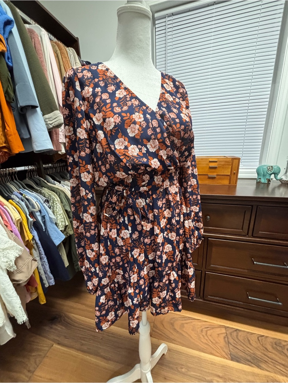 Ava & Viv Navy Floral Wrap Dress with Rust and Cream Blooms